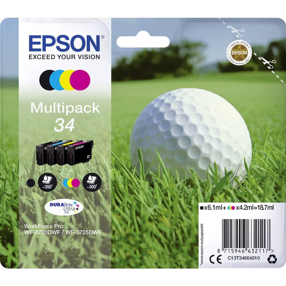 Epson 34 Golfball Genuine Multipack, 4-colours DURABrite Ultra Ink Cartridges,Black/Yellow/Magenta/Cyan