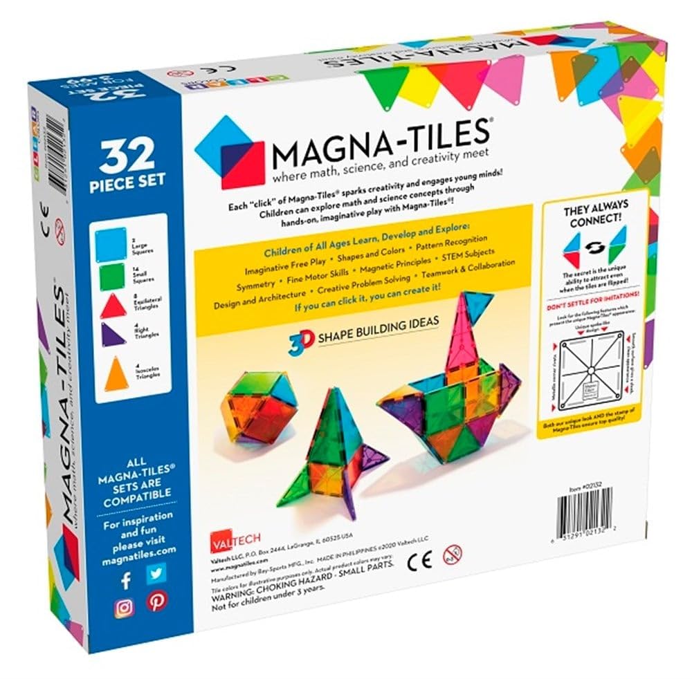 Valtech, mattoncini magnetici Magna-Tiles Clear Colors, confezione da 32 pezzi
