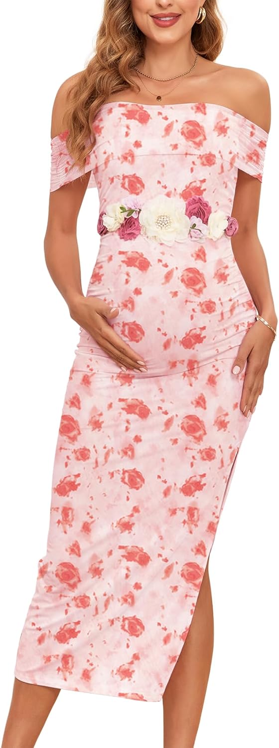 Maternity Mesh Split Dress Off The Shoulder Ruched Bodycon Pregnancy Dresses Baby Shower Photoshoot, Without Belt