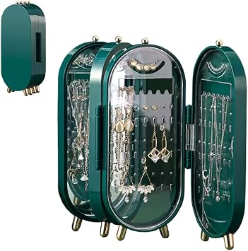 Foldable Jewelry Organizer with 153 Holes for Earrings, Mirror, and Elegant Gift Box - Perfect for Girls and Women Green