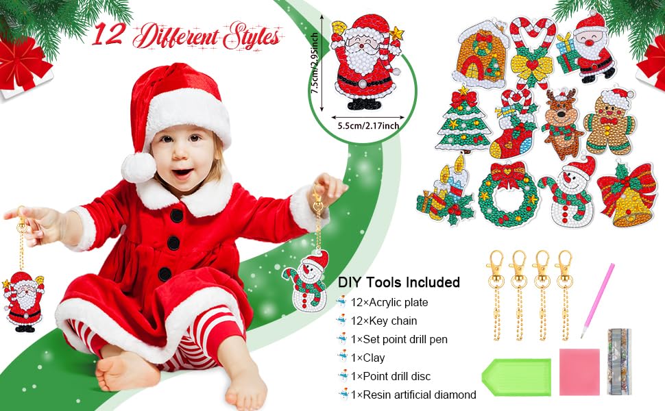 Guidre Christmas Diamond Art Painting Ornaments,12Pcs Diamond Art Ornaments, Diamond Painting 5D Keychains - Image 4
