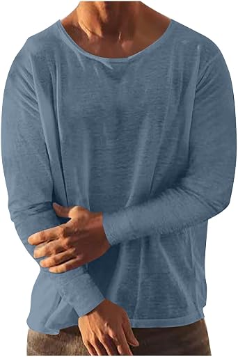 Mens Long Sleeve Shirts Casual Cotton Linen Round Neck Pullover Shirt Solid Color Classic Regular Fit Tshirts