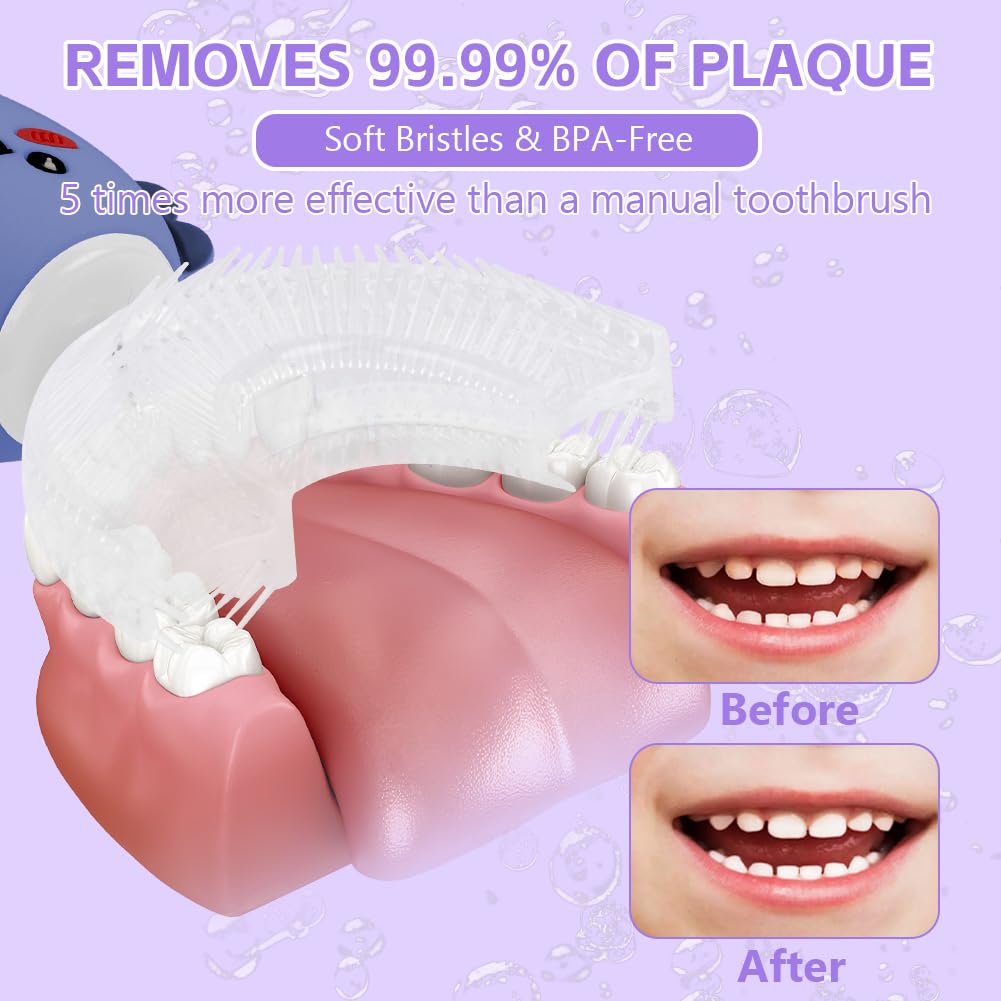 Vicloon Cepillo de dientes Eléctrico para Niños, Ultrasónico Limpieza Automática Cepillos Forma de U, con 2 Cabezales Silicona, 360º 3 Velocidades Limpieza Profunda de Dientes de Leche 2-6 Años Azul