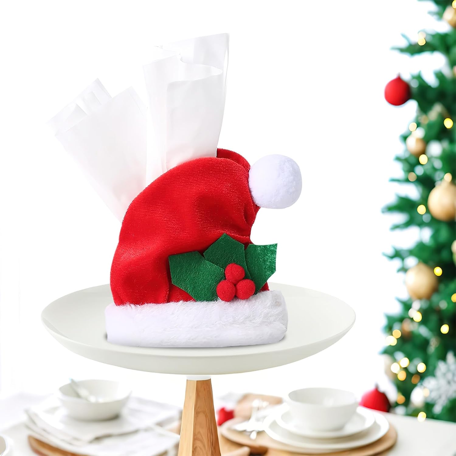 Christmas Hat Design Napkin Bag Tissue Storage Pouch Napkin Holder Organizer Desktop Decoration for Winter Xmas Holiday Party image 2