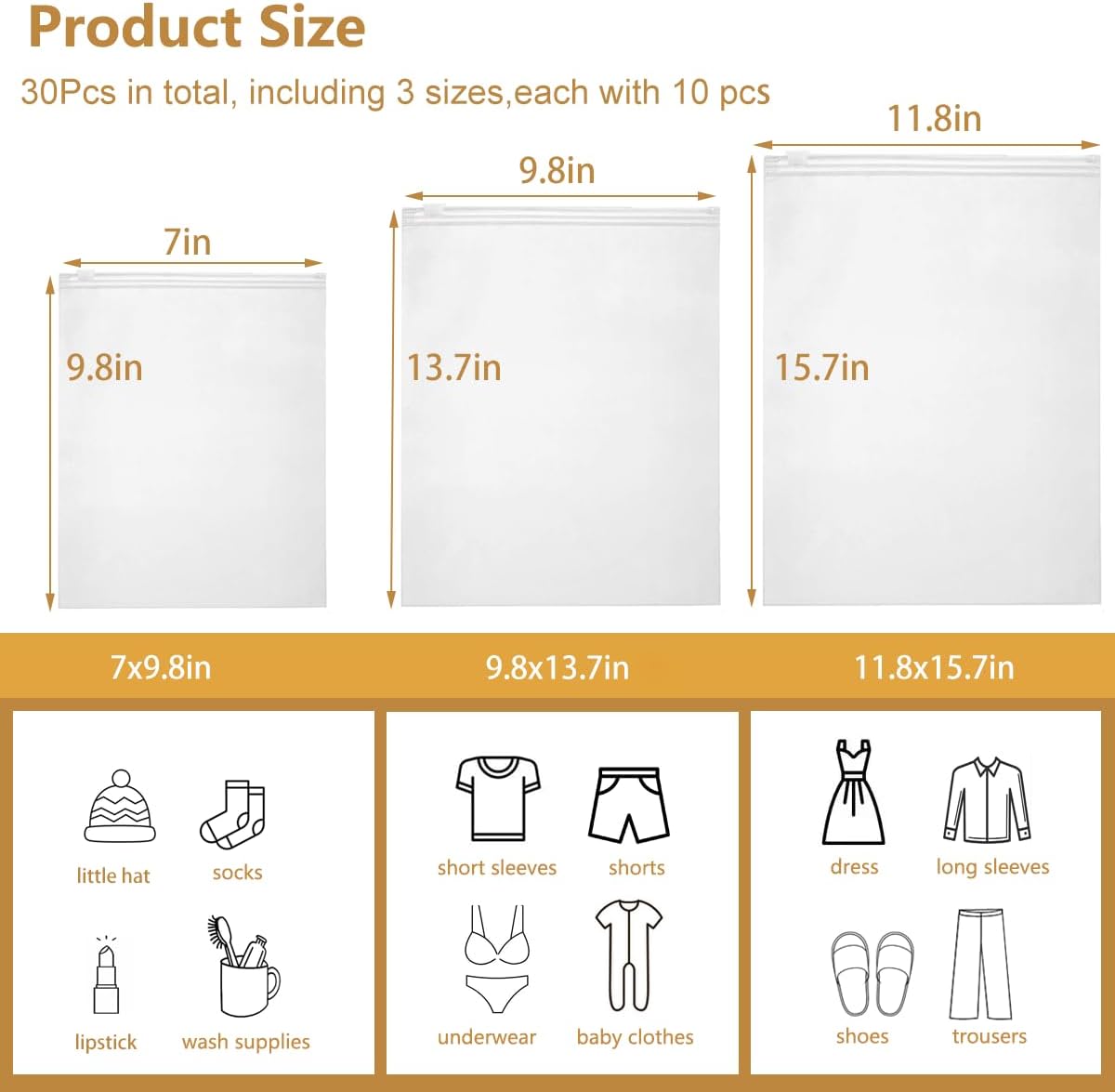 Travel Storage Bags, 3 Sizes Travel Bags Organizer, Plastic Storage Bag Resealable Frosted Zipper for Clothes, Towel, Toiletries