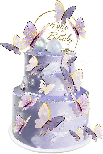 Decoración para tartas de mariposa, 11 piezas de decoración de pastel de mariposa morada con 1 adorno de metal dorado para pastel de feliz