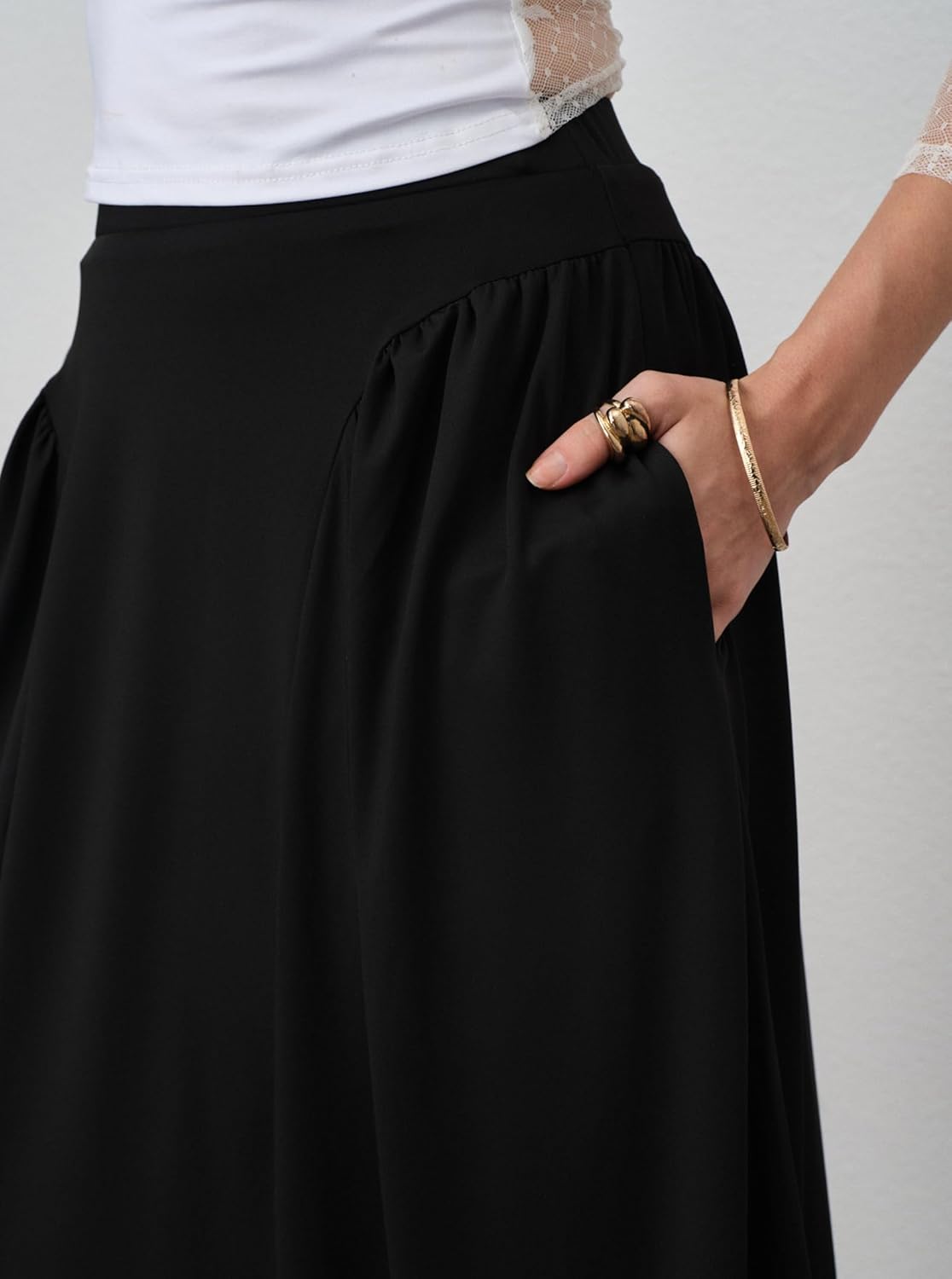 Women's Casual A Line Midi Skirt High Waisted Curved Gathering Flowy Long Skirts with Pockets - Image 4
