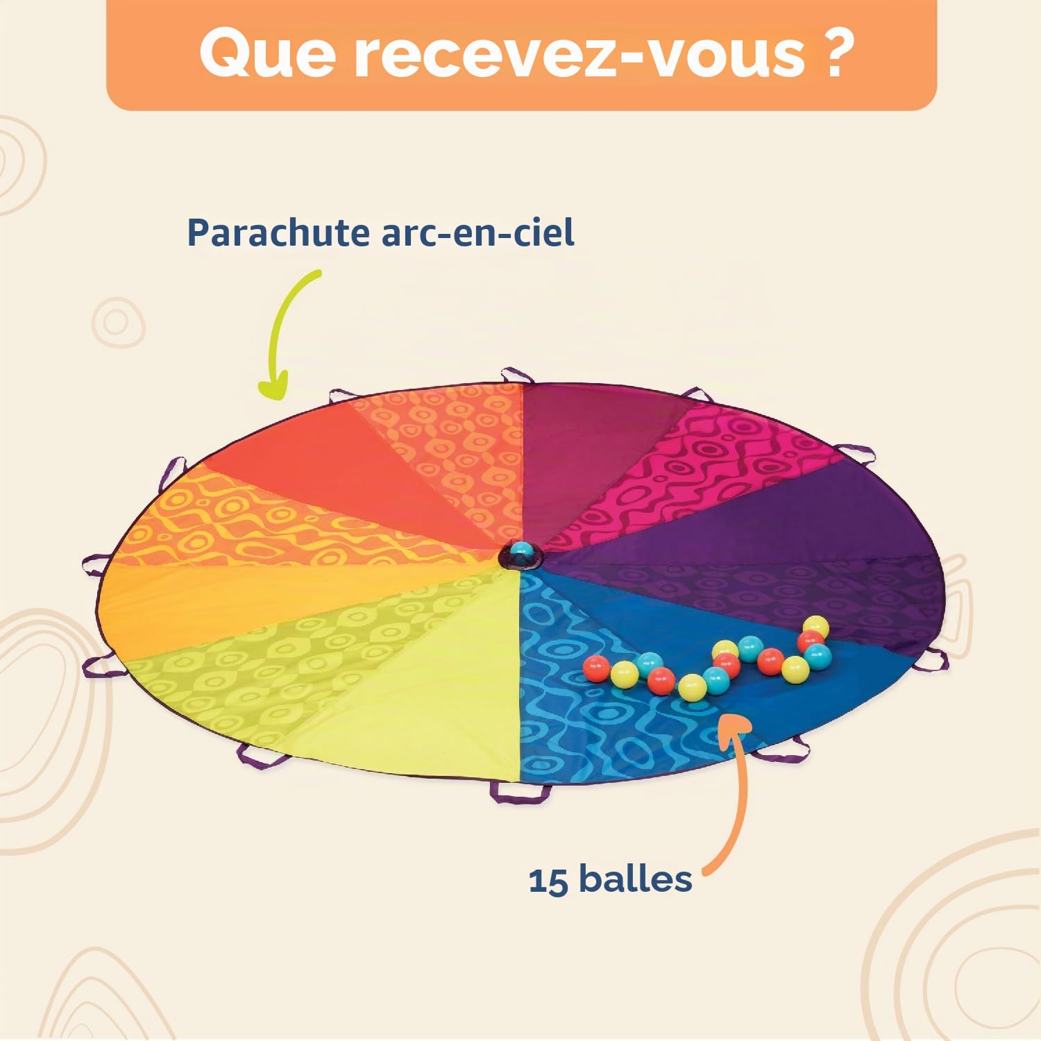 B. toys Woo-Hue Parachute, Parachute de Jeu Arc-en-Ciel, 2,44 m, Lot de 16 | 15 balles colorées, 12 poignées tissées, guide de jeux pour la cour et le parc, fort ou tente à vent, Parachute, 3 ans et +
