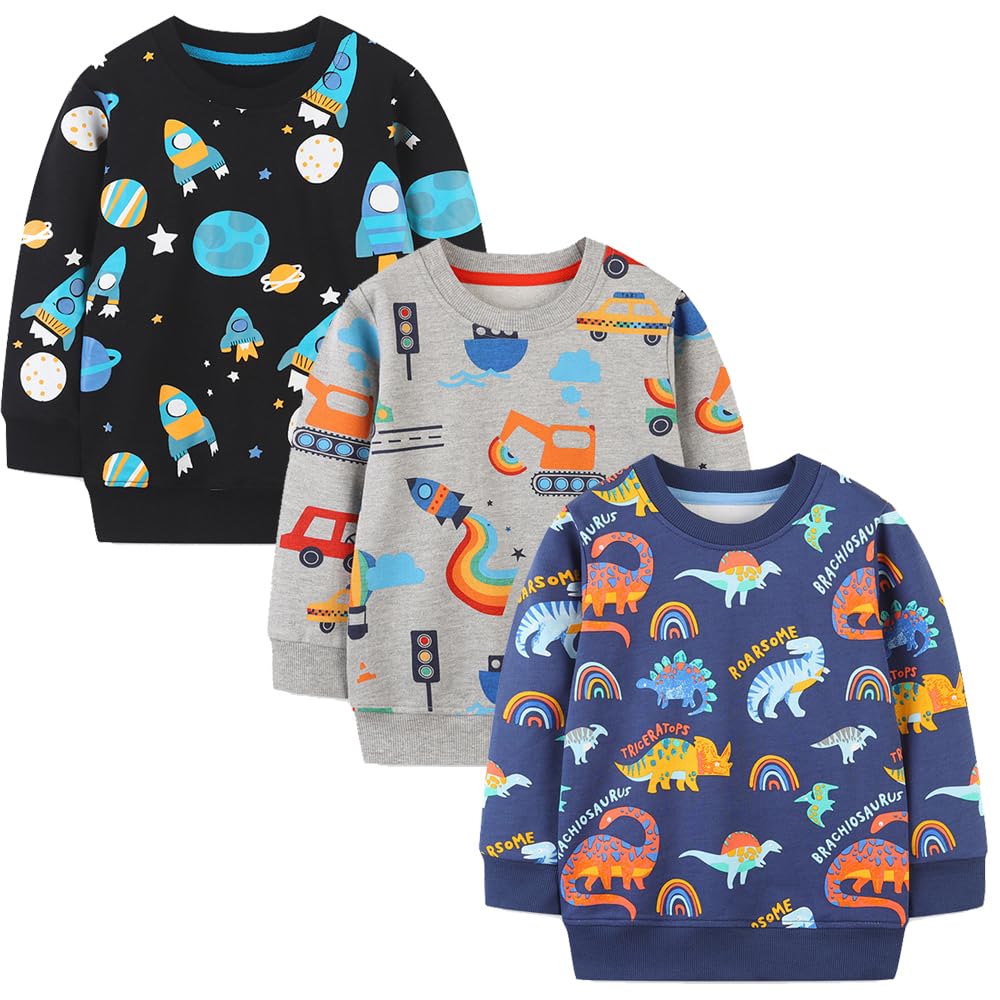 GFQLONG Toddler Boy Sweatshirt 2T 3T 4T 5T Long Sleeve Shirts Boys Sweater | Cotton Dinosaur Cartoon Pullover Crewneck Sweatshirt,Toddler Boy Sweaters Tops,Kids Fall Winter Clothes