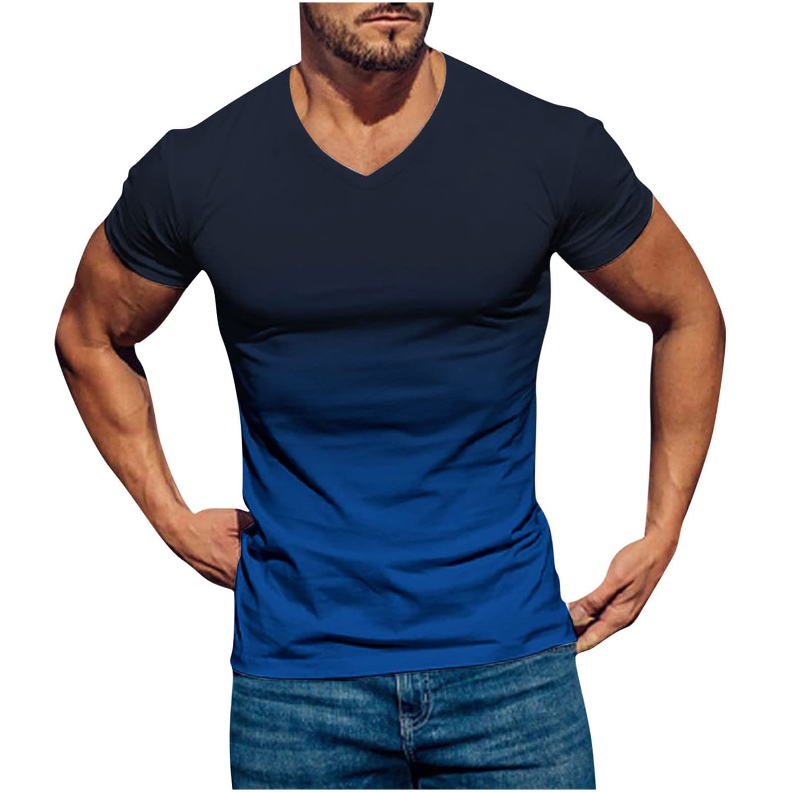 Mens Tshirts Big and Tall Short Sleeve V Neck Casual Shirt Loose Fit Gradient Color Gym Workout Athletic Tee Tops
