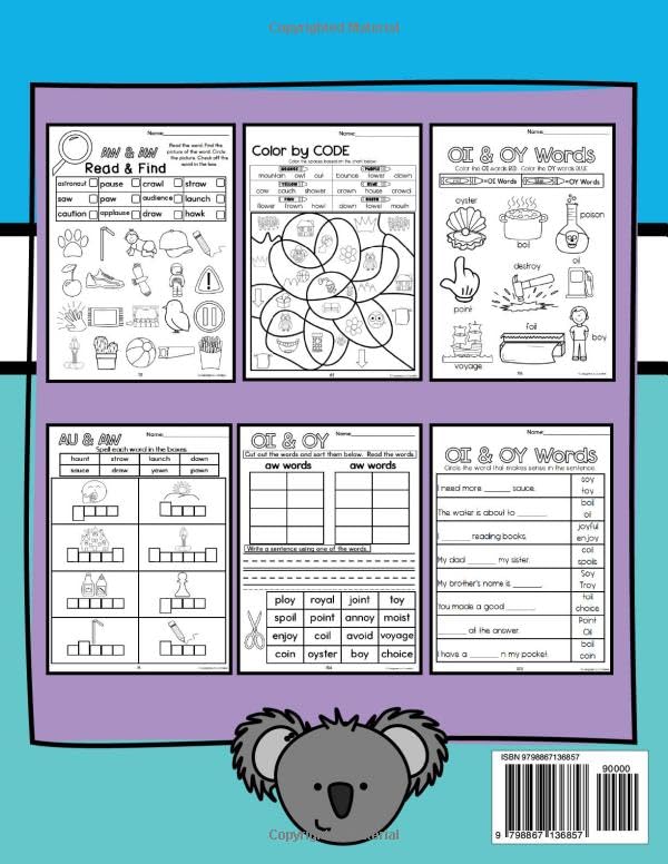 AU AW OU OW OI and OY Diphthongs Phonics Workbook: Kindergarten , First Grade, and Second Grade, K, 1 and 2, Homeschool and Classroom Use, Reading Practice Worksheets, Ages 5 to 8 - Image 2