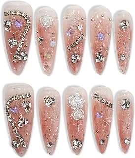 Handmade Extra Long Stiletto Press on Nails,Peach-Orange Sparkle Glow Fake Nails with 3D Camellia Flowers Chain Rhinestones Mini Crystal Accents,10pcs Glam Fake Nails with Tools(L,Orange)