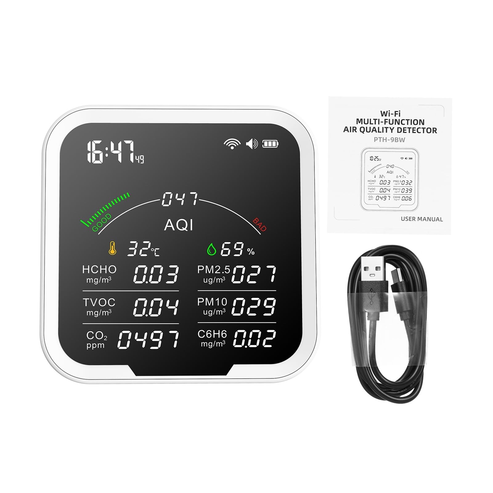 Tester di qualità 'aria 9 in 1 HCHO/TVOC/CO2/PM2.5/PM10/C6H6 Misuratore temperatura e umidità Rilevatore anidride carbonica da 4,8 pollici,Alta Precisione