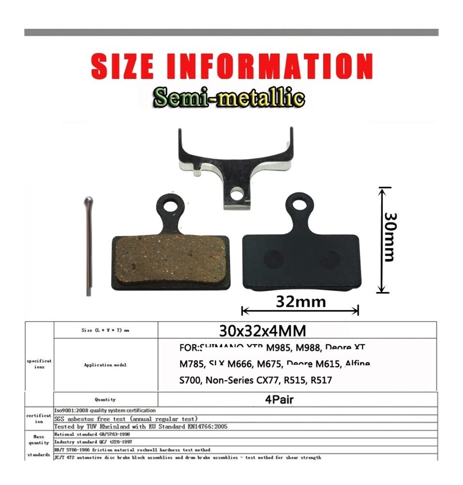Plaquettes Freins Pour XT/R M985 M988 4 Paires Plaquettes Frein À Disque Vélo Pour Deore M785 Pour SLX M666 M675 M615 R515 Accessoires Semi-métalliques Plaquettes Frein Moto