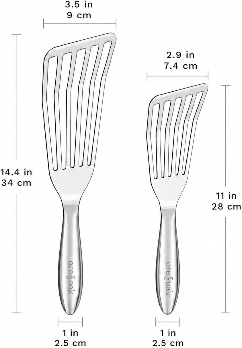 Stainless Steel Fish Spatula Set (2-Piece) – Large Slotted Fish Turner + Small Metal Spatula, Precision Thin Edge for Delicate Foods, Ergonomic Grip, One-Piece 304 Stainless Steel Kitchen Utensils