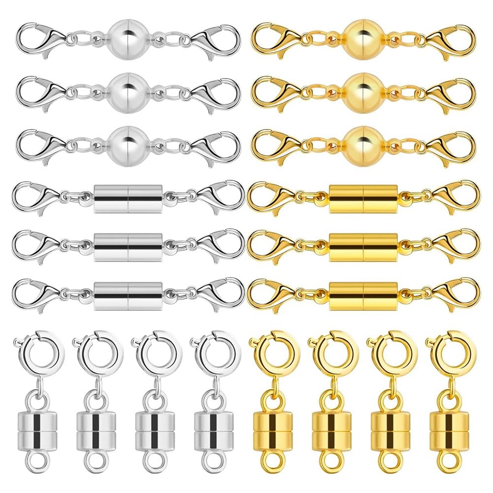 Vjsujehgy Jewelry Connectors, 20 Pieces Magnetic Necklace Clasps and Closures in 14K Gold and Silver, Strong Magnets