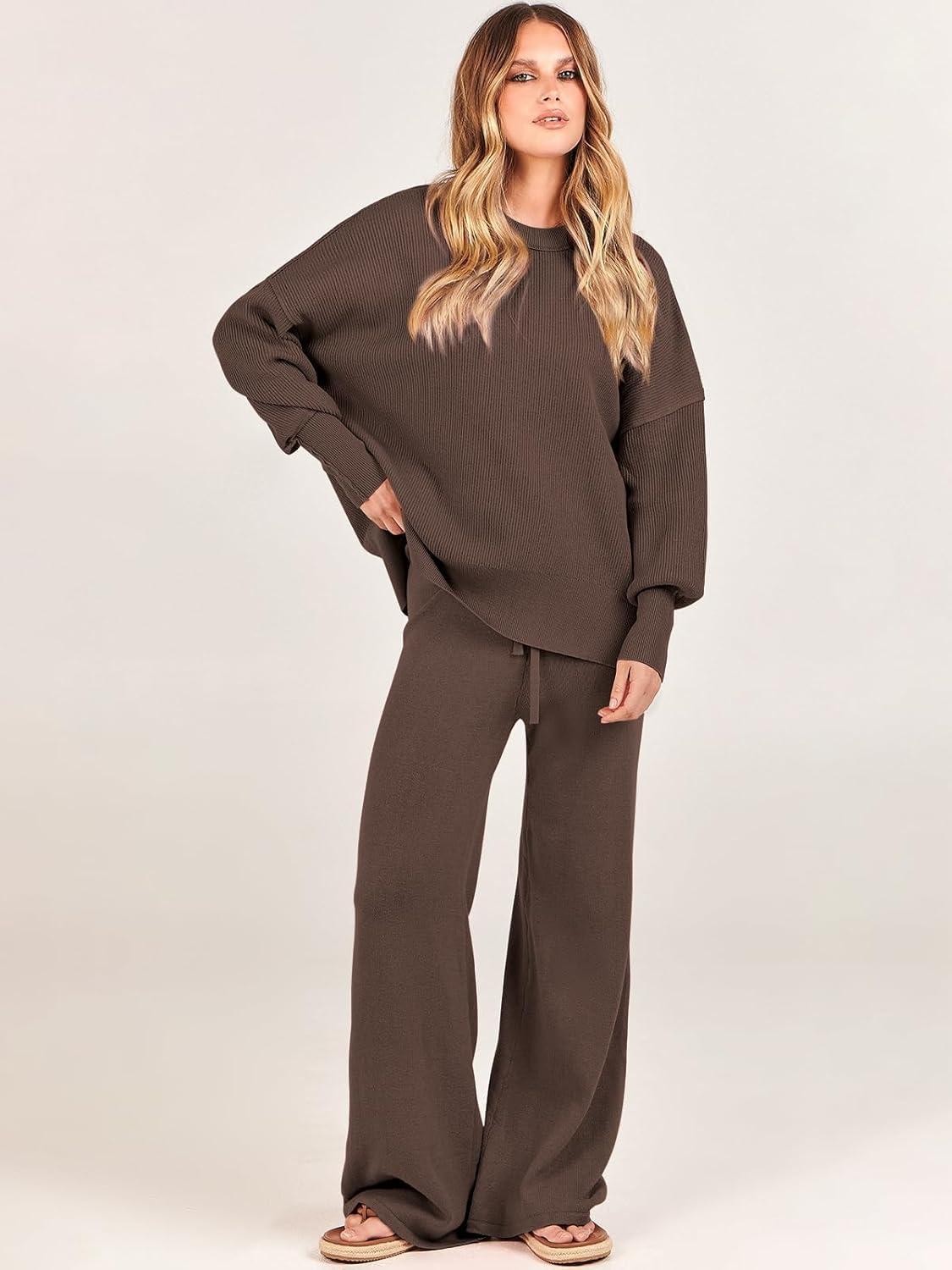 ANRABESS Womens 2 Piece Outfits Fall Lounge Set 2025 Oversized Chunky Knit Sweater Top Wide Leg Pants Loungewear Clothes