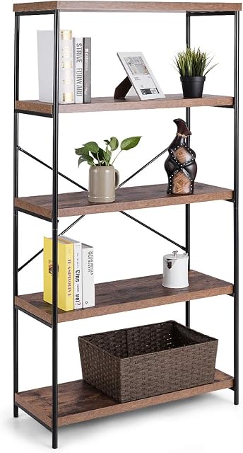 COSTWAY 5-Tier Bookshelf, Wooden Storage Bookcase Ladder Shelving Unit, Freestanding Metal Frame Display Rack Plant Stand for Living Room, Bedroom, Kitchen and Office (with X-Shaped Bar)