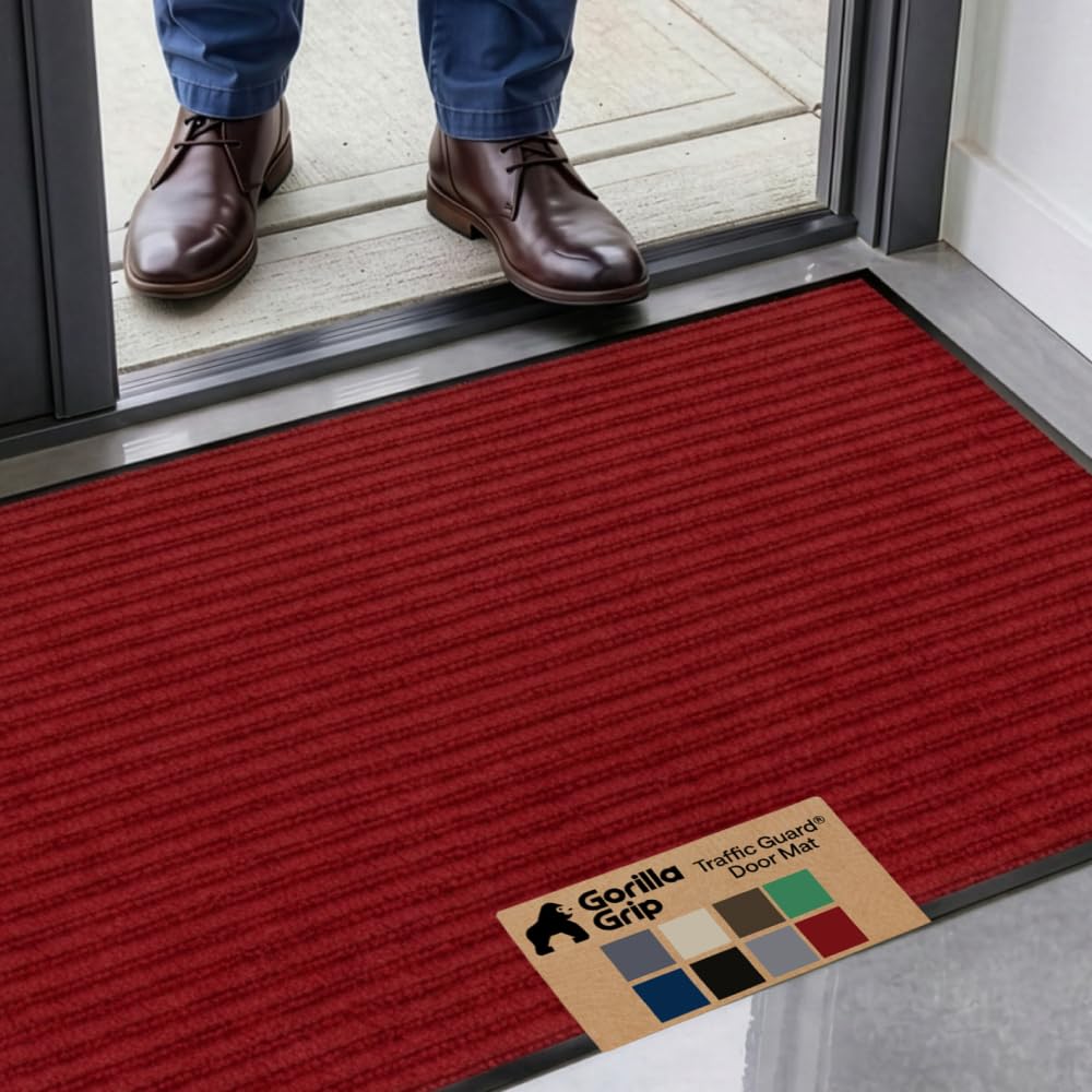 GORILLA GRIP Traffic Guard Indoor Outdoor Heavy Duty Door Mat, 47x35 Red