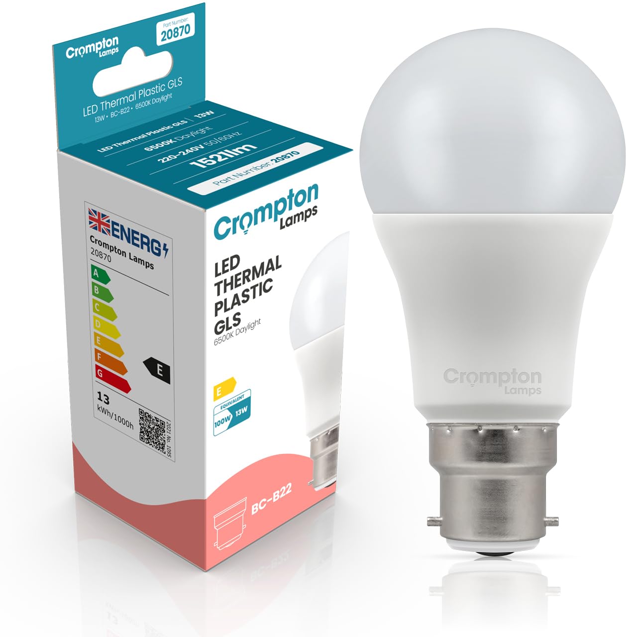 LED Thermal Plastic GLS 13W (100W eq.) B22d Opal 6500K Crompton