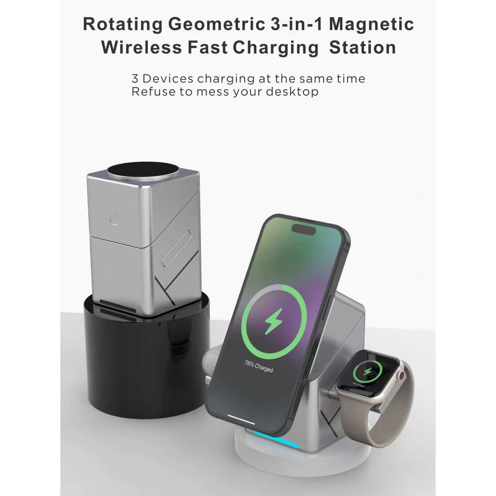 Dock ricarica magnetico Rotazione automatica Ricarica rapida da 15 W Supporto ricarica da tavolo compatibile per telefoni Auricolari Orologi Caricabatterie per telefoni