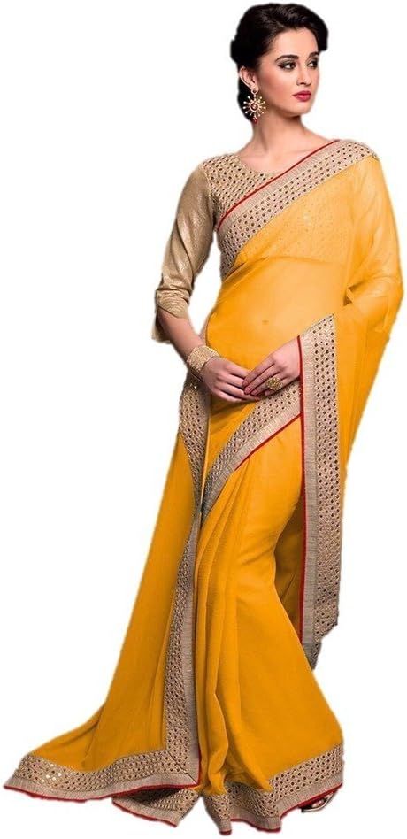 EthnicWear Indian Festival Party Traditional Casual Women Wear Georgett Yellow Color Sarees Saris