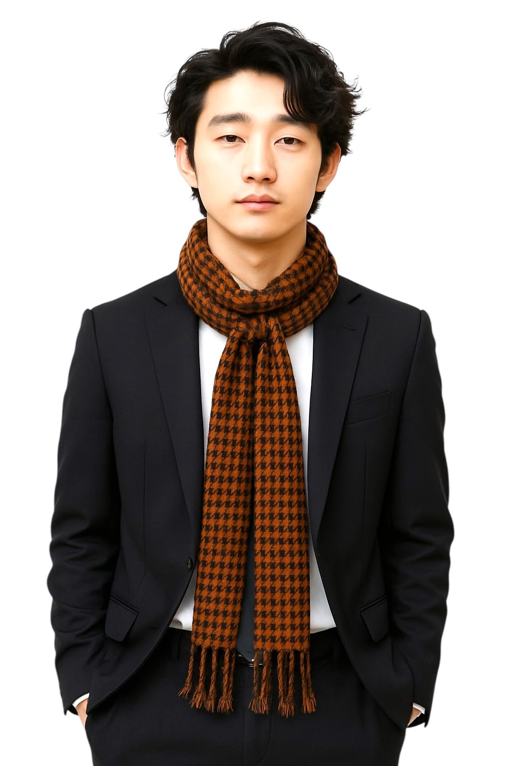 Mens Houndstooth Scarf 13x60 Inch – Fashion Soft Cotton Blend Neck Scarf for Men – Checkered Pattern Shawl with Tassels – Stylish & Warm for Formal and Casual Wear-image-25