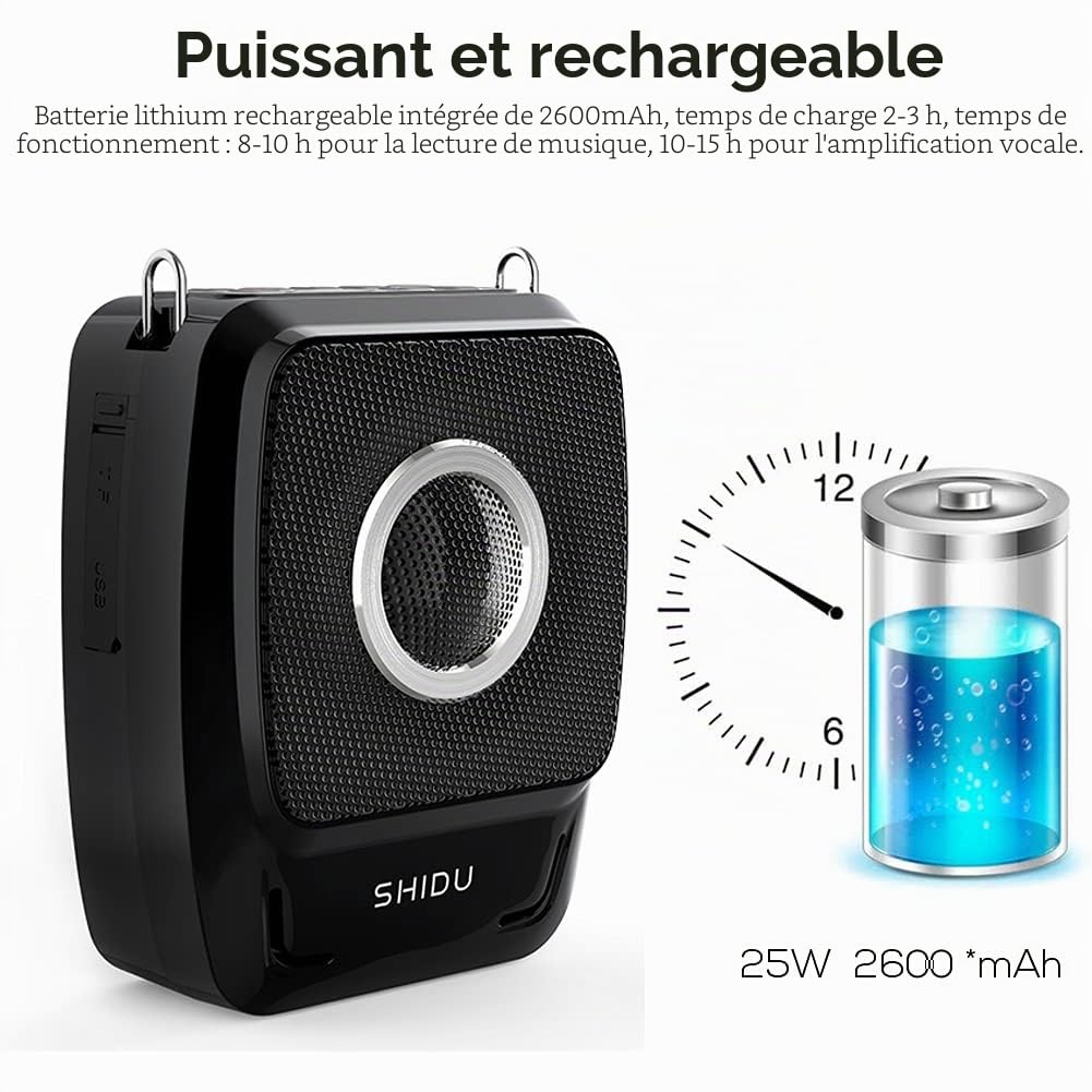 Amplificateur de Voix sans Fil Bluetooth Portable SHIDU 25W Amplificateur Voix Haut Parleur avec Micro Casque + UHF Compact Handheld Microphone sans Fil pour Enseignants, Guides Touristiques, Baskets