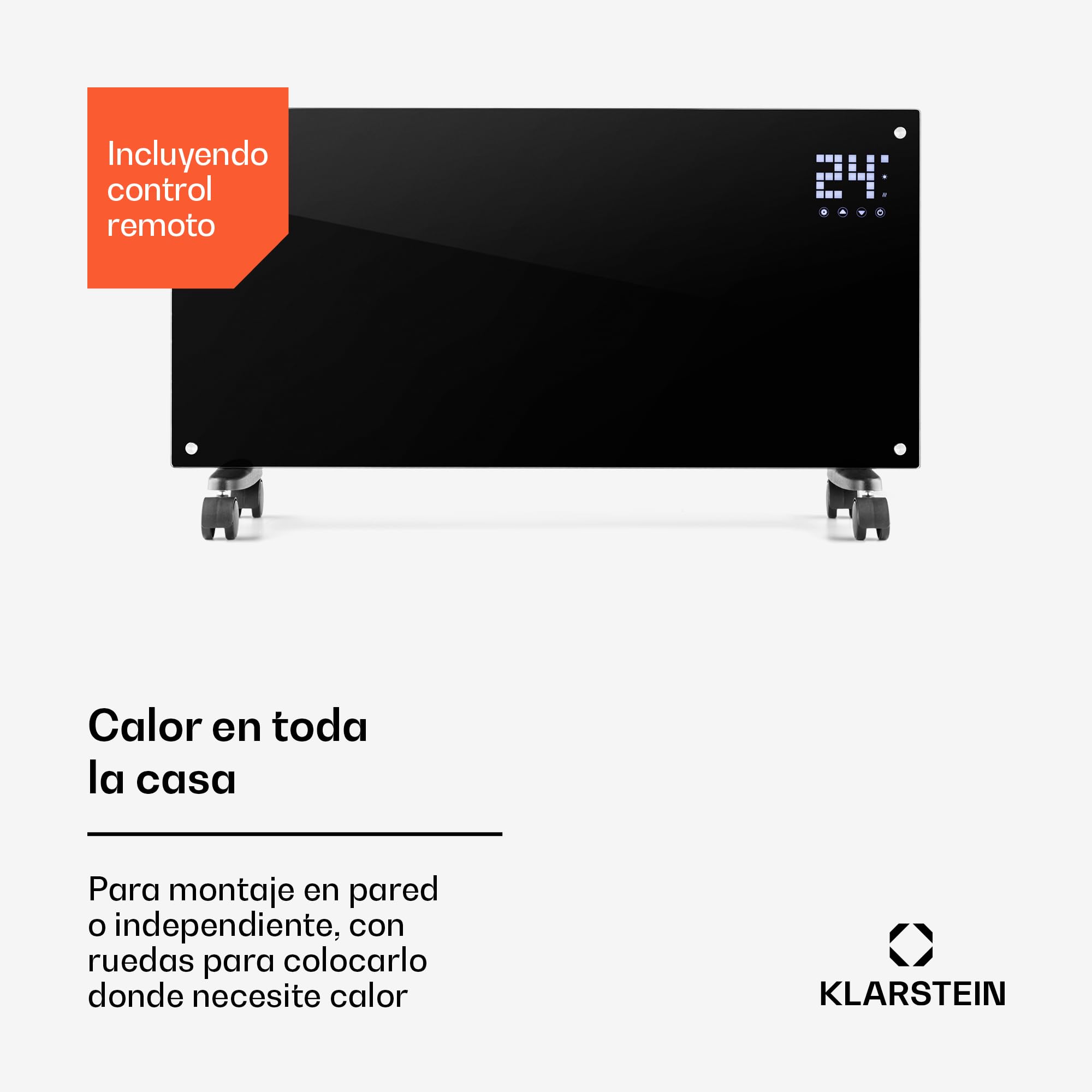 Klarstein Radiadores Bajo Consumo Electricos para Casa, Estufa Electrica de 2000W con Ruedas, Radiador Electrico Silencioso, Portátil y Delgado, Estufas con Panel para Pared, Pantalla y Termostato