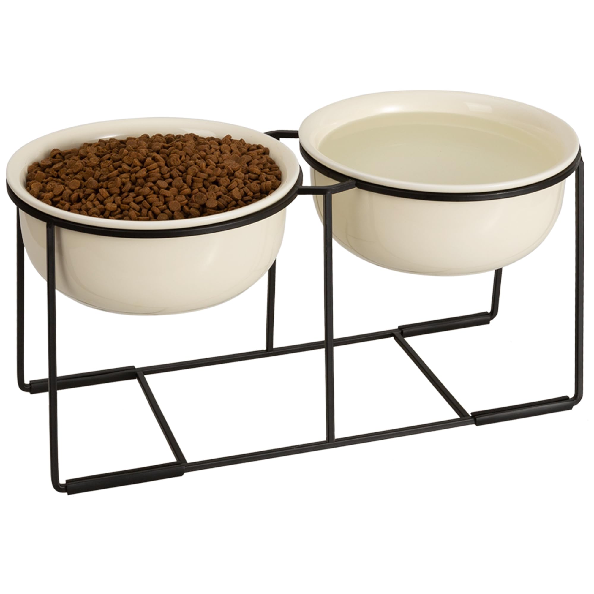 Gamelle Chien Surelevee Ceramique Double - Lot de Grand Bol Chien avec Support en Métal Antidérapant - Gamelles Chiens pour Nourriture et Eau - Idéal pour Chiens Moyens et Grands - 2 x 1400 ml - Beige