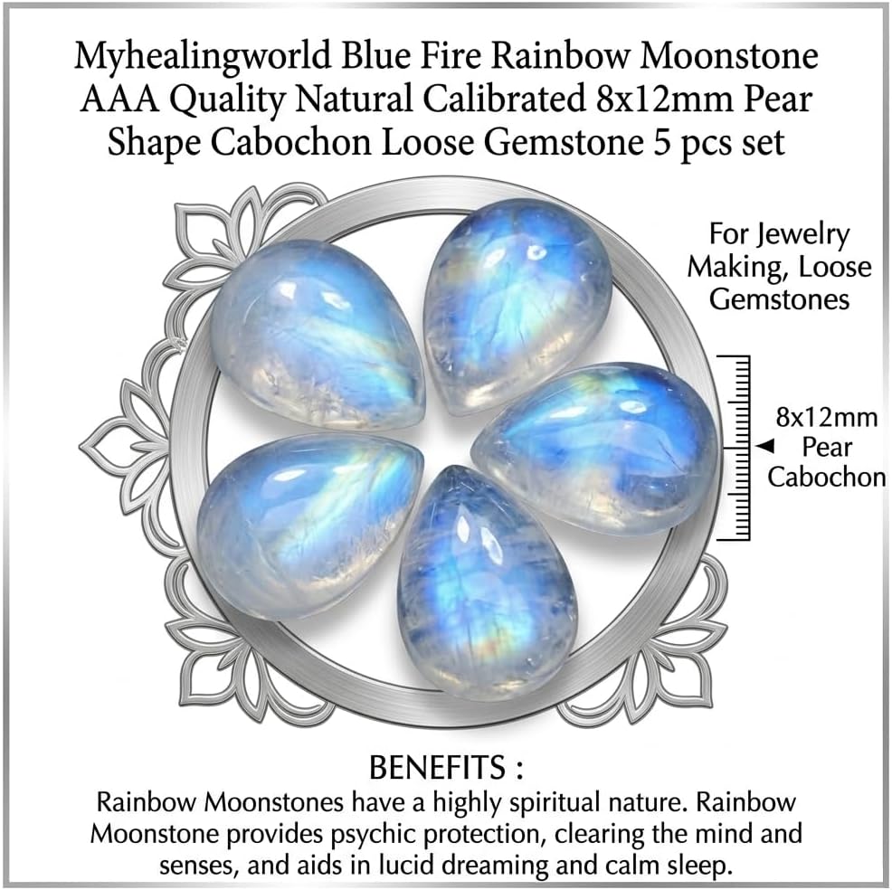 Natural Blue Fire Rainbow Moonstone 8x12mm pear cabochon AAA quality loose calibrated gemstones for jewelry making 5 pcs box