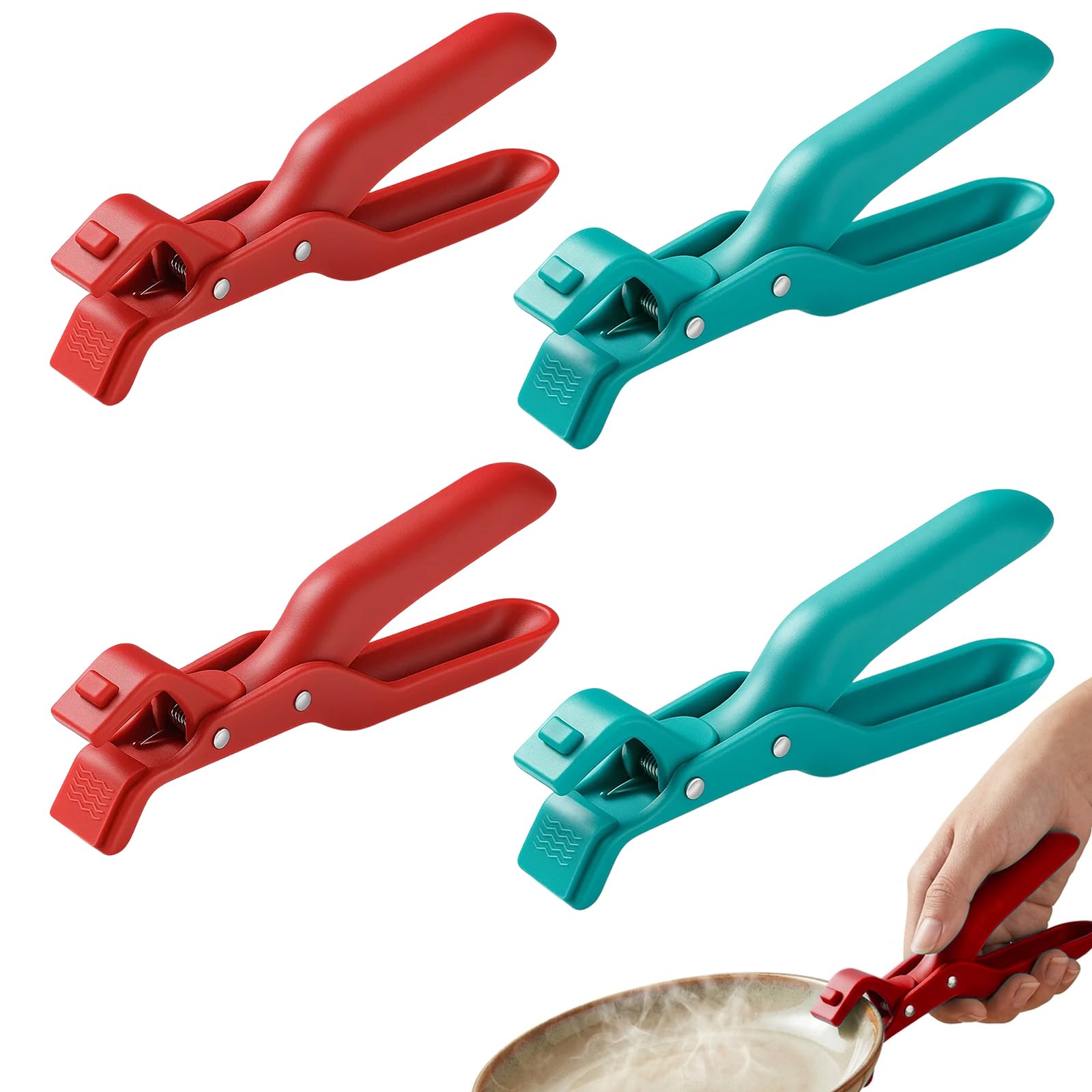 4Pcs Hot Plate Gripper, Multipurpose Kitchen Utensil, Heat Resistant Tool for Cooking and Serving, Set of Four Pieces in Blue and Red