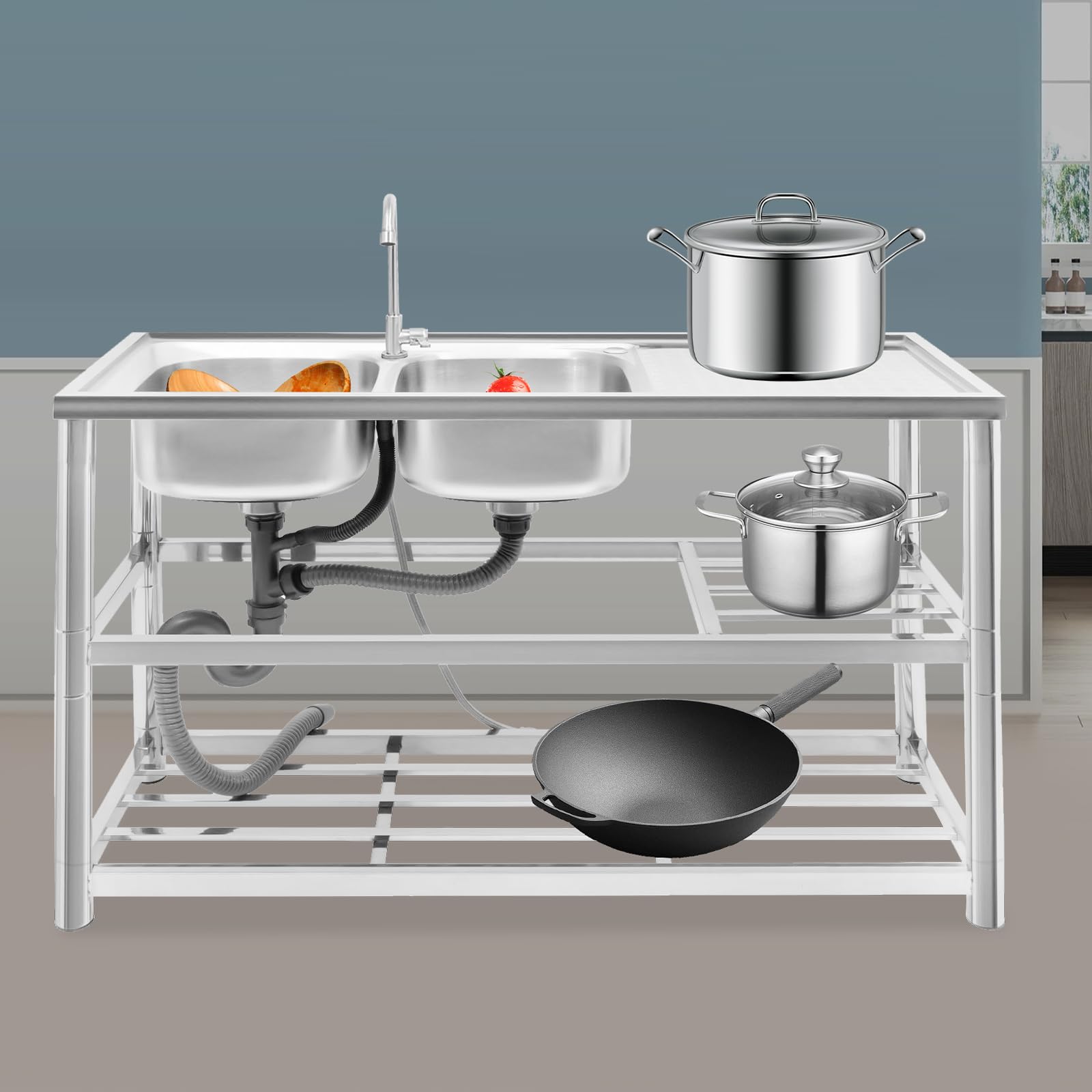 120 cm 2 vasche 3 ripiani Lavello in acciaio inox con rubinetto freestanding per cucina | 201 inox, 2 vasche, 3 livelli, 100 kg, piedi rotondi/quadrati, piletta in acciaio, rubinetto 360°, per pro & casa