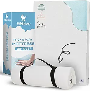 Waterproof Pack N Play Mattress Topper - Twin (38'' x 26'') | Roll Up Style - Breathable Soft Memory Foam - Portable Playard Mattress Topper - Baby Foam Playpen Mattresses - Plain White