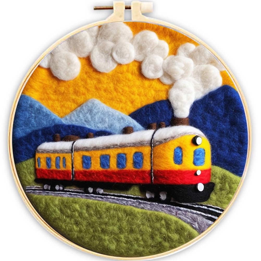 Meecaa DIY Needle Felting Kit for Beginners,Train Mountain Including Wool Felt Supplies, Embroidery Hoops,Beautiful Wool Painting and Needle Felting Tools (Train)