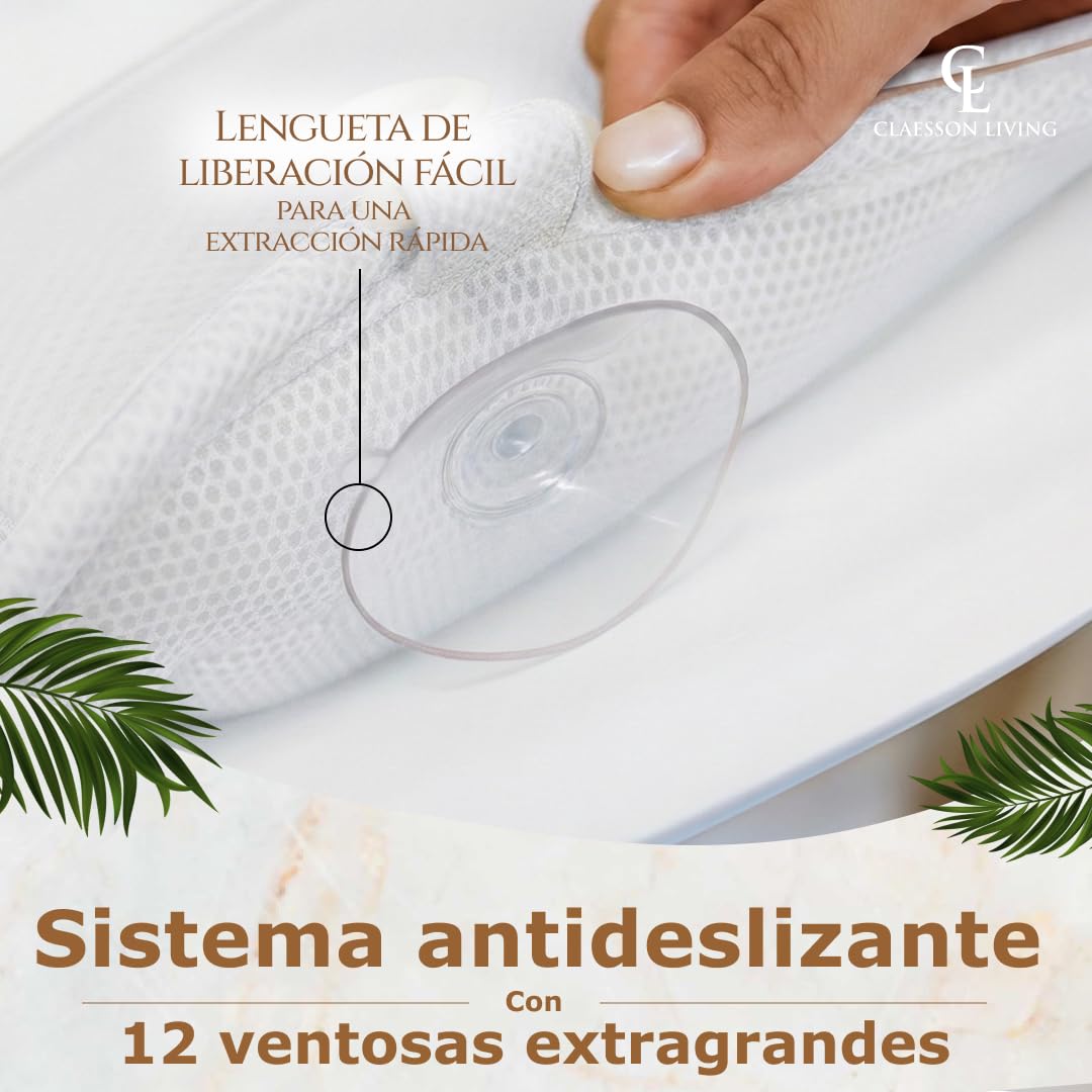 Cojin bañera (126x41cm) - Almohada bañera con apoyacabezas (13cm) y Soportes para el Cuello, Espalda y piernas – Incluye: Bath Pillow, Bolsas de Lavado y de Viaje, Gancho para Secado rápido Blanco