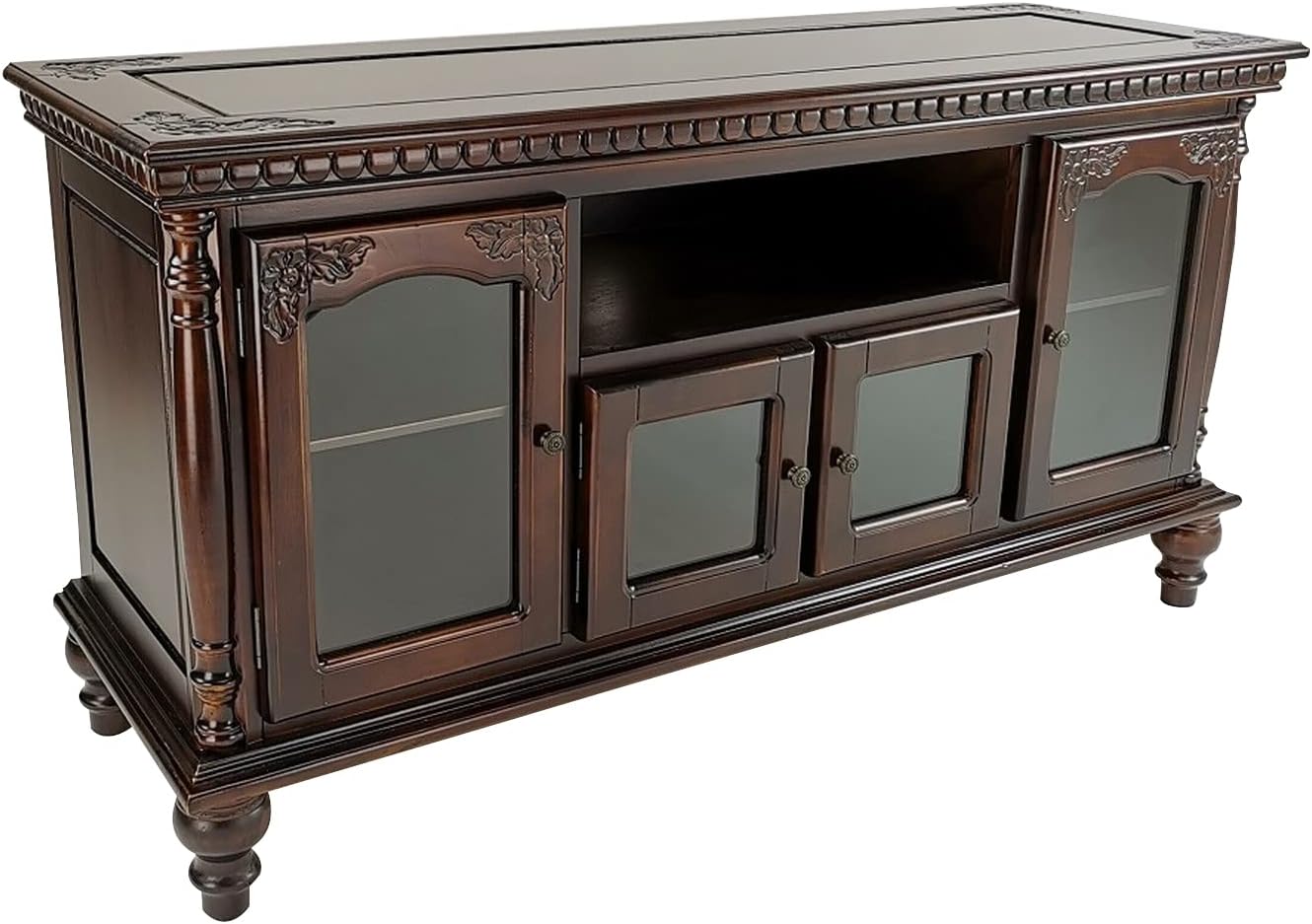 Benjara BM245834 TV Stand with 4 Glass Doors & Turnip Feet Brown