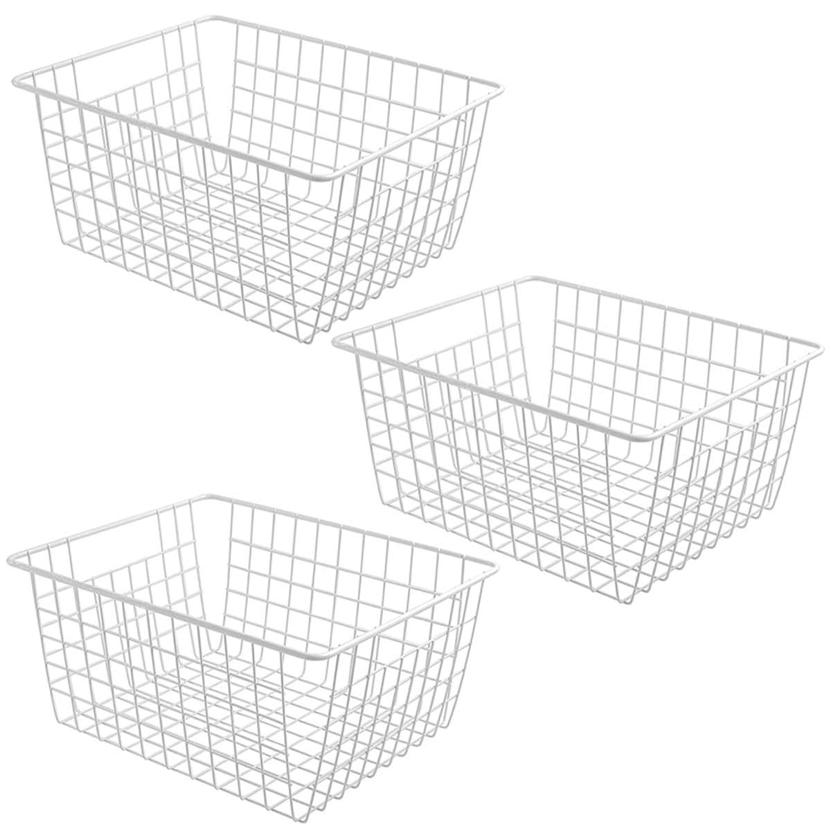 3 Pack 14" Freezer White Wire Baskets for Organizing Office Wire Storage Baskets Wire Baskets with Built-in Handles, White Metal Storage Baskets for Pantry Freezer Cabinets