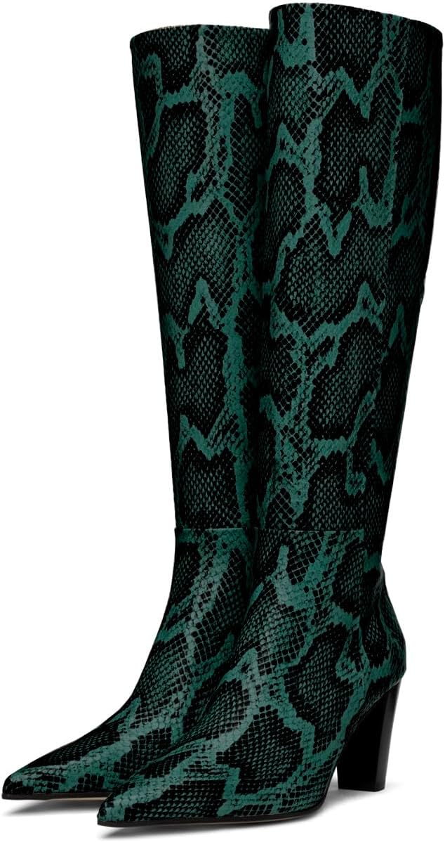 Women Vintage Chunky Block Heel Knee High Western Boots Pointed Closed Toe Snakeskin Boots Back Zipper Under Knee Combat Boots Two-Toned Fall Winter Boot Office Party Dressy Chic 4-11 M US