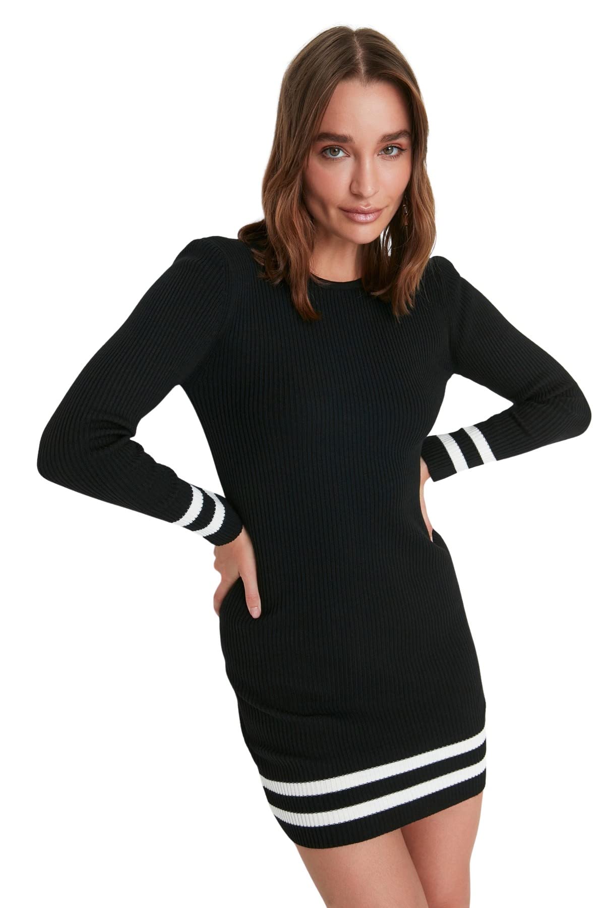 Trendyol Vestido de Punto de Cuello Redondo estándar Regular para Mujer, Negro, S