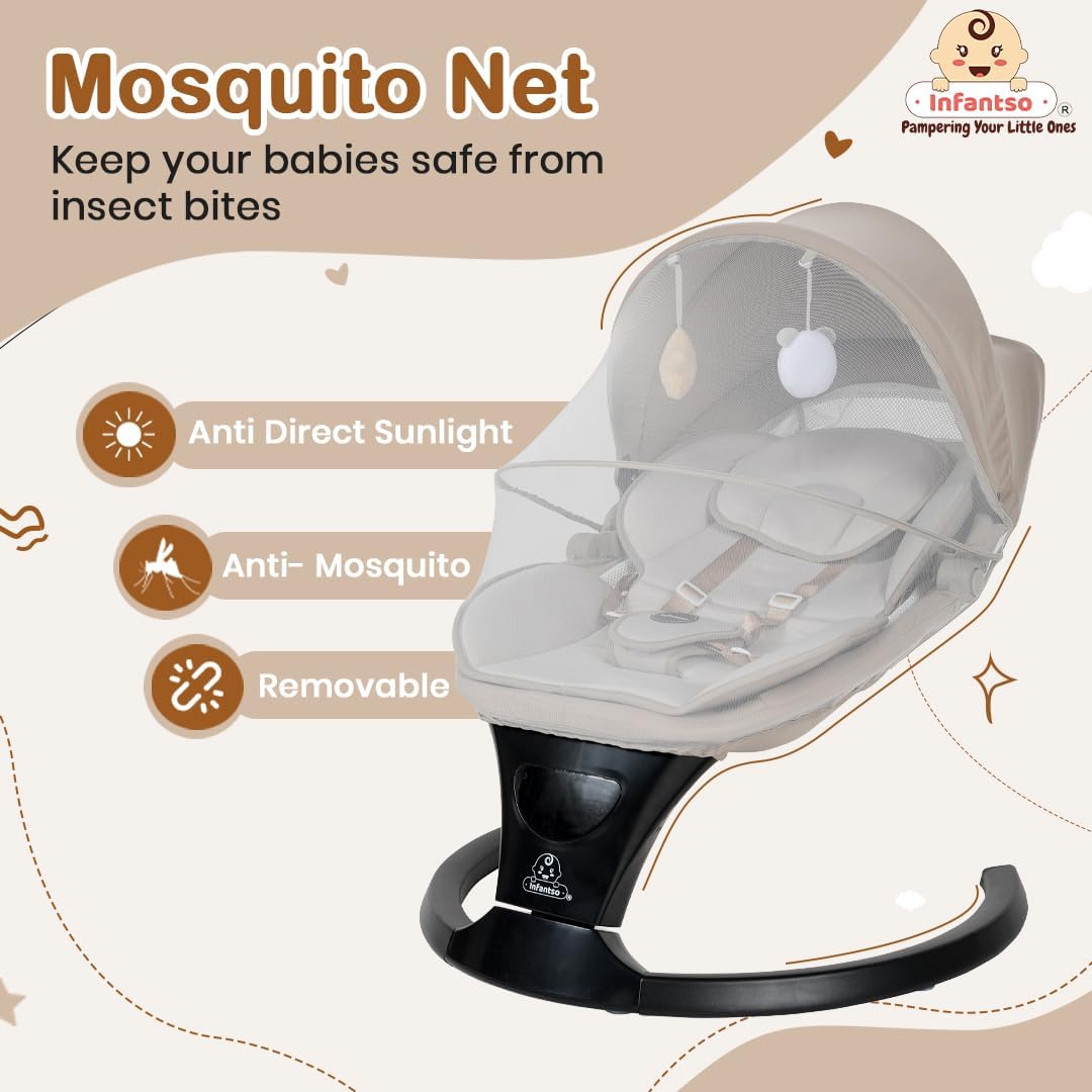 Infantso SLEEP EASE (2-in-1) Baby Swing Cradle / Rocker & Bouncer | Automatic Cradle, Electric Swing & Rocker, Cradle for New born, Automatic Swing / Rocker with Bluetooth Music, Remote, Safety Harness, Mosquito Net, Feeding Tray & Soft Cushion, Kids Rocking Chair with Hanging Toys- Cradle & Swing for 0-12 Months Weight upto 9 Kg 3