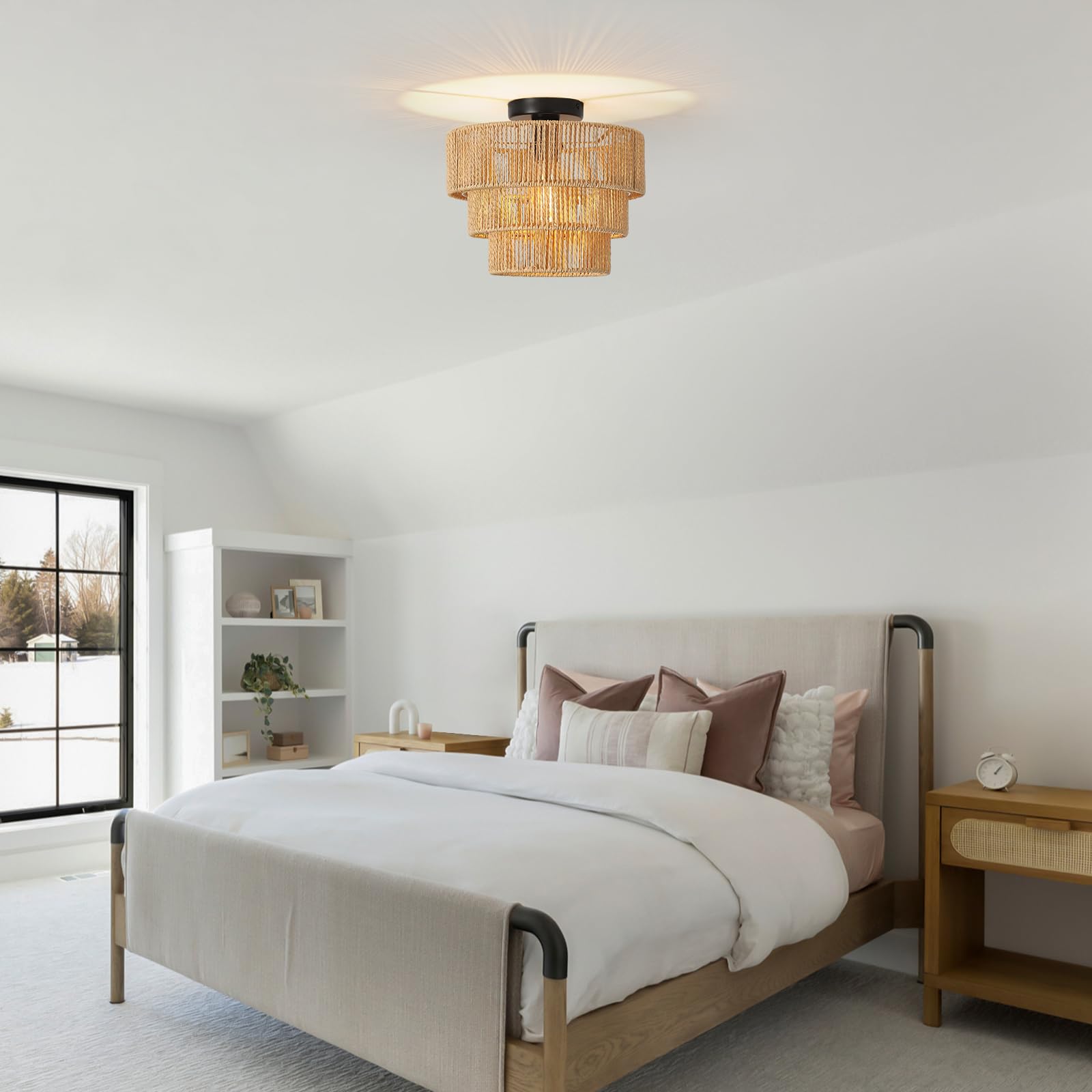 Deckenleuchte Rattan, 3 Lagen Boho Lampe Decke mit Natürlicher Rattan Lampenschirm, E27 Vintage Kronleuchter, Rustikal Braun Deckenlampe Für Wohnzimmer Schlafzimmer Esszimmer Küche Flur