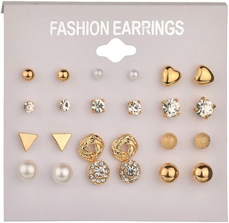 Clearance! 12Pairs Multiple Stud Earring Fashion Assorted Pearl Crystal Heart Stud Triangle Earring Set Jewelry For Women Girls (Gold, alloy)