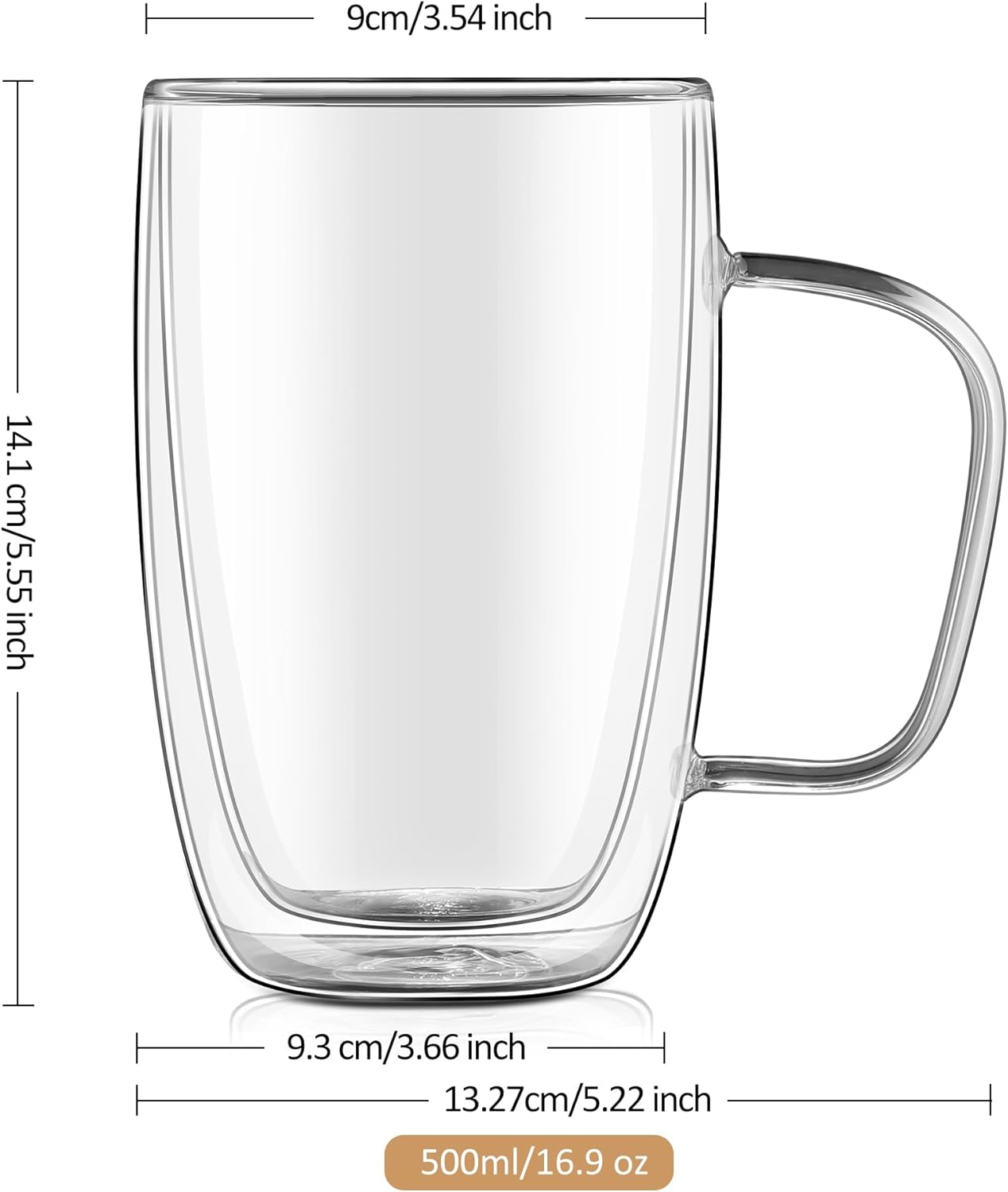 Joeyan Large Clear Double Walled Glass Coffee Mugs 16 oz, Double Layer Tea Latte Cappuccino Glasses Cups with Handle, Double Lined Insulated High Borosilicate Glassware for Hot Drinks, Set of 2 - Image 7