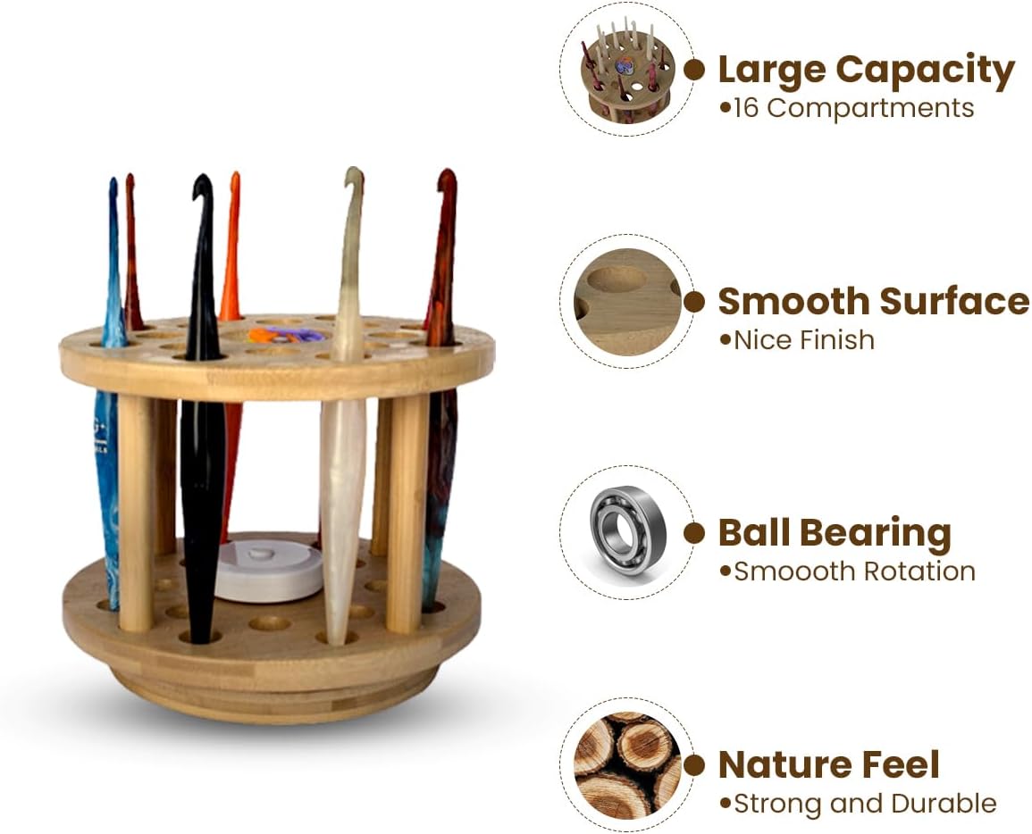 Crafts by KFRod - Spinning Crochet Hook Organizer Stand, Holder Compatible with Susan Bates, Boye, Tulip Etimo, Clover Amour, Lykke and Most Other Brands (Wood, 2cm Holes)