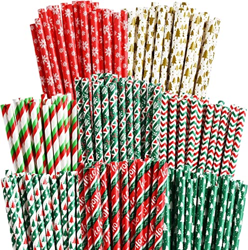 ALINK 100 Weihnachts Papierstrohhalme, 8 Stile gestreifte Weihnachtsbaum Schneeflocke Strohhalme für Weihnachten Party Dekorationen Zubehör