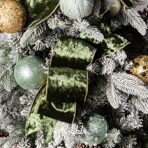 Image of Ribbli Moss Green Velvet Wired Ribbon 4 Inch Metallic Crushed Velvet Christmas Ribbon for Gift Wrapping Christmas Tree Decoration Crafts Wreaths Supplies-Continuous 10 Yards