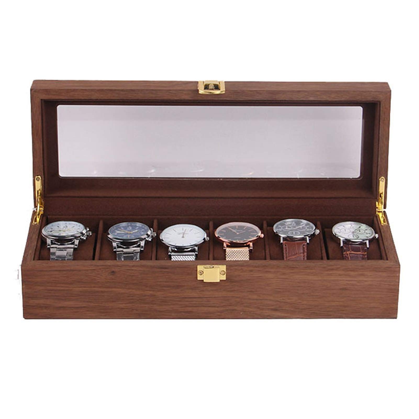 Pudełko na zegarki męskie, pudełko do przechowywania w stylu vintage, lite drewno, 6 przegródek, organizer na biżuterię, bransoletkę, wyświetlacz, szkło, zamykana, kuferek do przechowywania, dla mężczyzn i kobiet, organizer