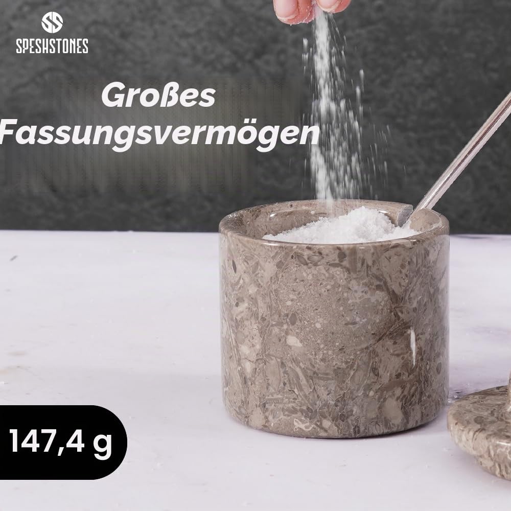SPESHSTONES Marmor Salzkeller 10,2 cm Salzdose mit Deckel, Tischsalzbehälter für die Arbeitsplatte, Salzschale, Salzhalter, Gewürzdosen, Zuckerdose, Würzmittelbehälter Set von 2, Salzspender