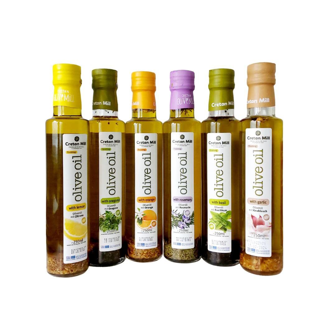 Griechisches Olivenöl mit Kräutern Test Set 6x 250ml Cretan Olive Mill - Oliven Würzöl von Kreta - Orange - Zitrone - Oregano - Rosmarin - Knoblauch - Basilikum